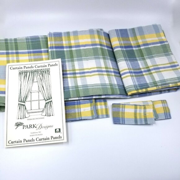 Park Designs Veranda 61" Curtain Panels Rod Pocket Cotton Blue Yellow Plaid - Picture 4 of 4